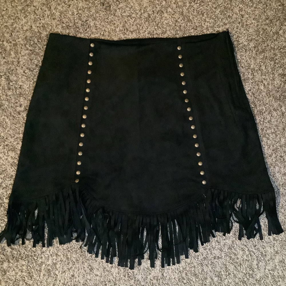 Smak Parlour faux suede western fringe skirt w/studded design, black, size: L